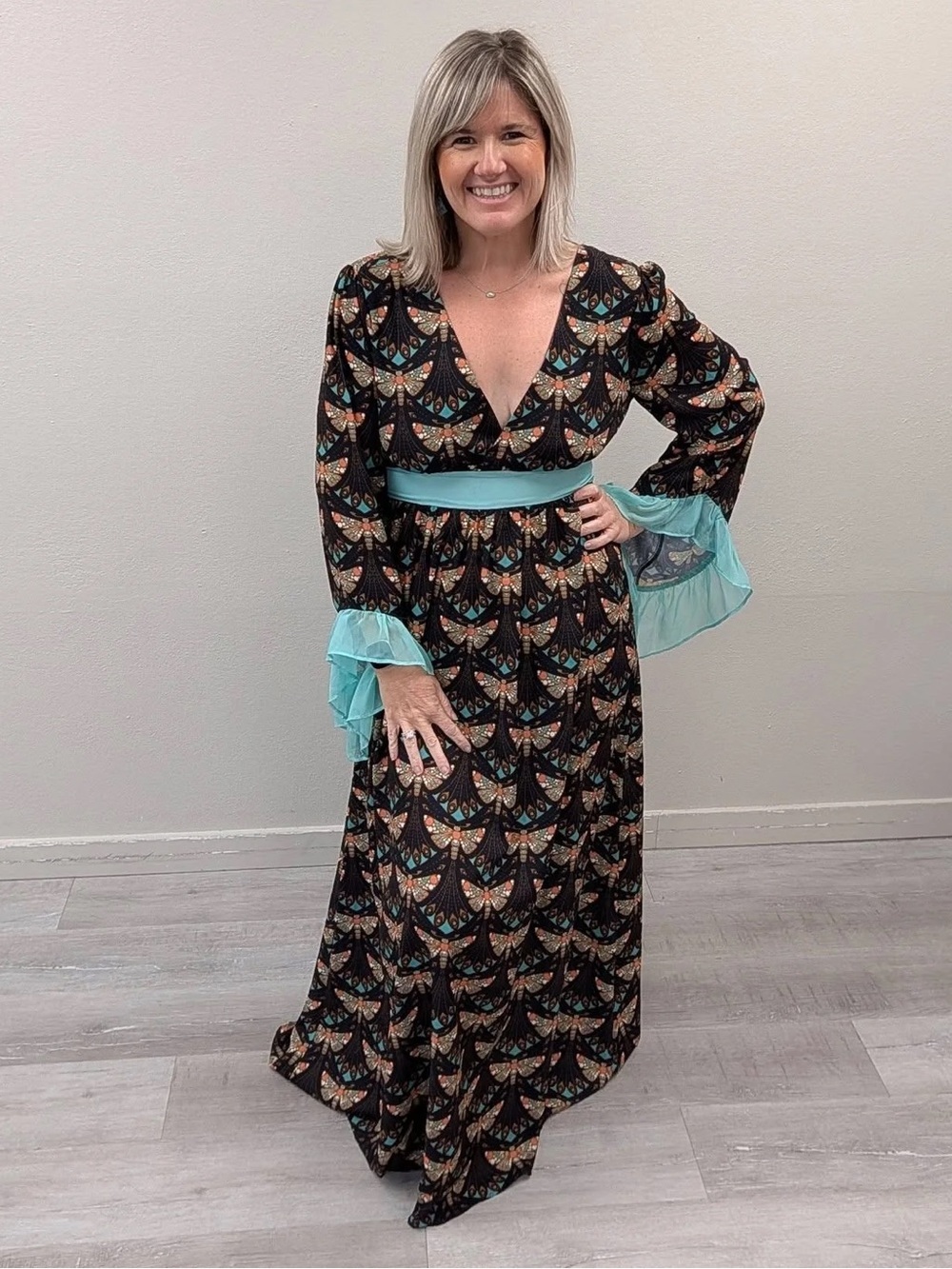Unique Vintage 1970s Black & Mint Moth Print Maxi Dress - Size 10/12